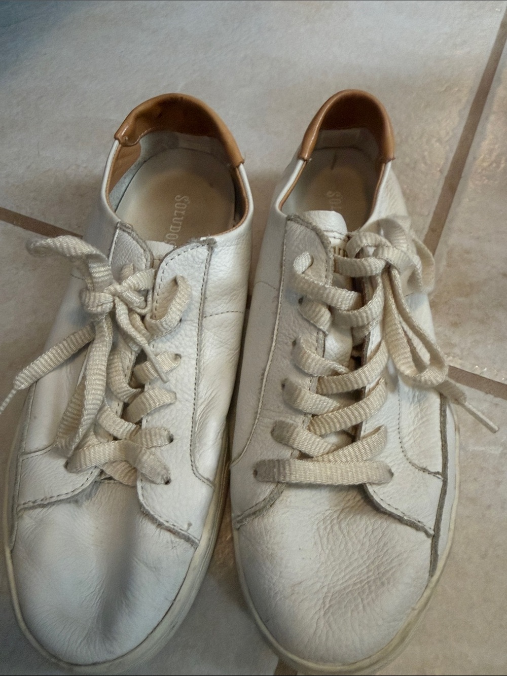 Soludos White Leather Sneakers with Tan Heel